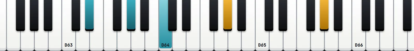 Teclado de piano no compasso 24, 2ª colcheia: mão esquerda (Mi♭3, Lá♭3, Dó4) acesa em azul e mão direita (Lá♭4, Lá♭5) em amarelo.