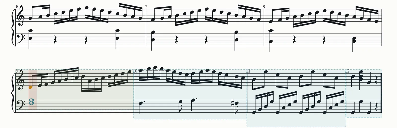 Sonata K. 545 de Mozart com os compassos 9 a 12 marcados para repetição.